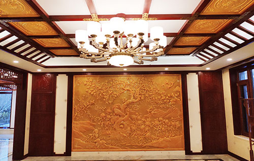 龙江镇中式别墅客厅中式木作横梁吊顶装饰展示